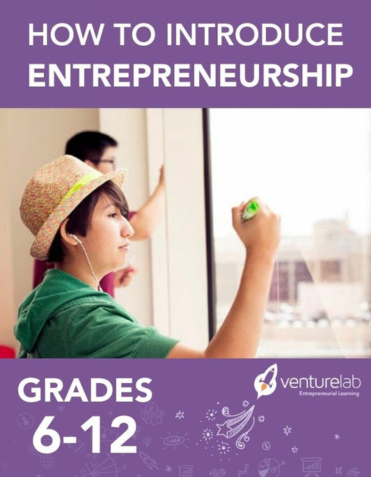 Book cover titled 'How to Introduce Entrepreneurship' with a child drawing on a whiteboard, featuring Venturelab logo.