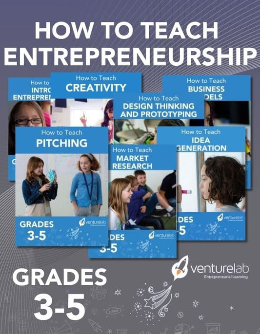 Brochure or set of guides on teaching entrepreneurship to grades 3-5 with Venturelab branding.