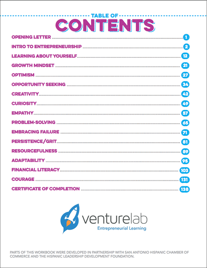 VentureLab Entrepreneurial Mindsets Workbook Table of Contents